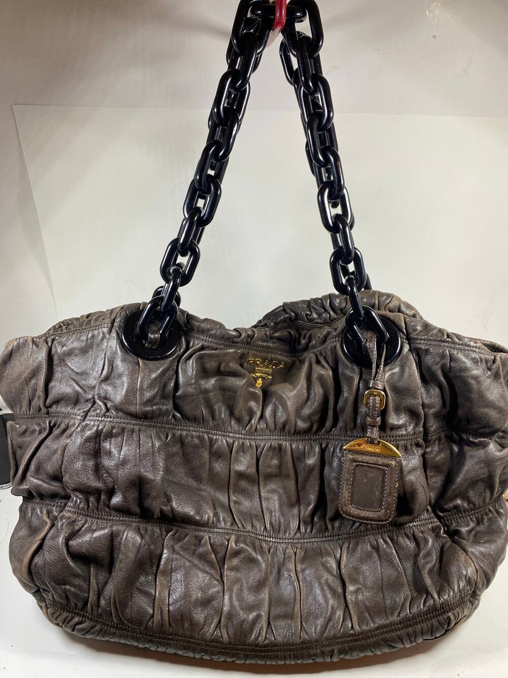 Prada Nappa Gaufre Chain Tote Bag Black Leather Ruched Designer Handbag